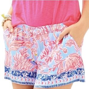 Lilly Pulitzer Women's Coral Reef Print pink blue Rayon Drawstring Shorts Medium